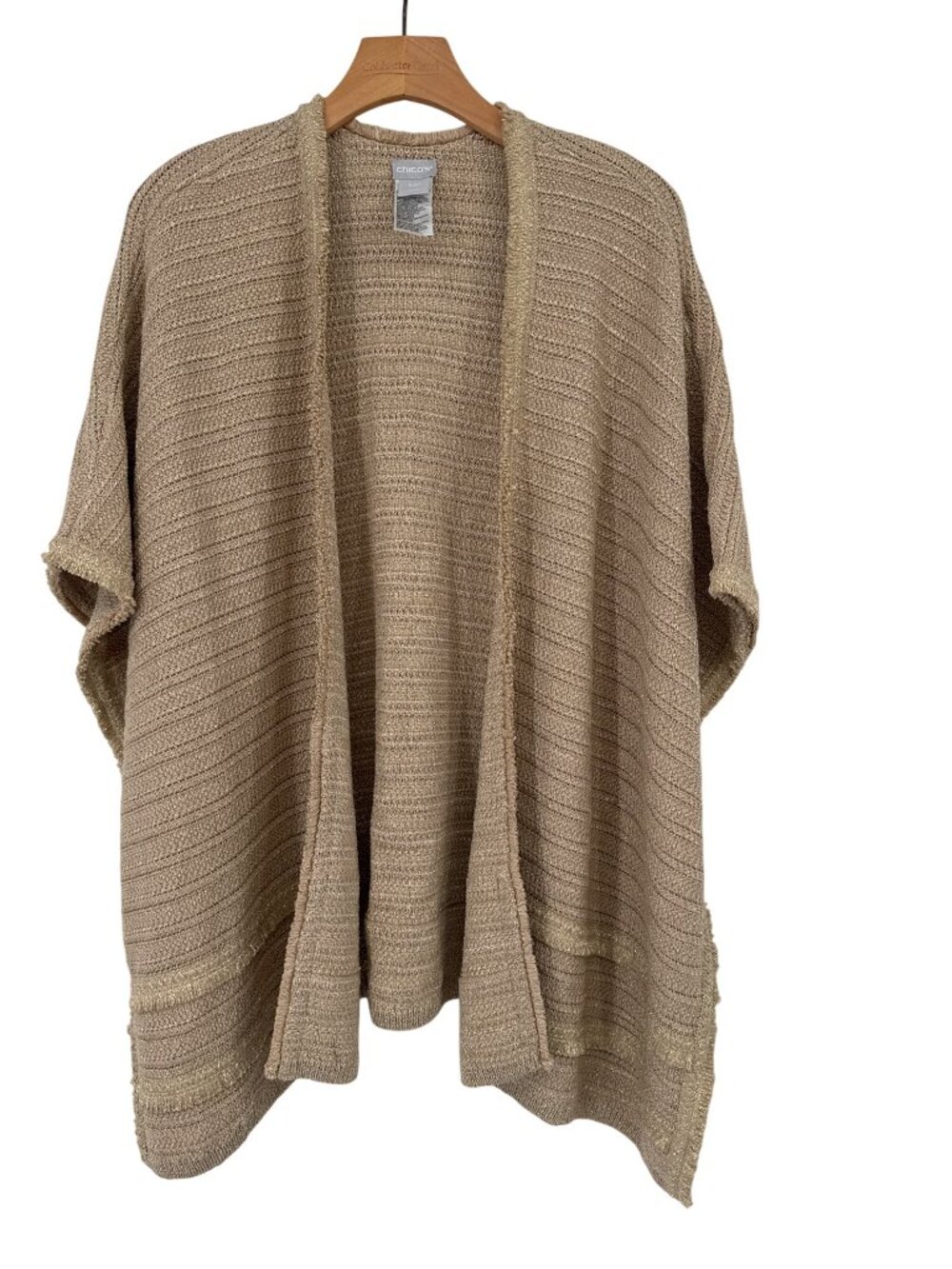 Chicos Metallic Gold Knit Open Cardigan Sweater wrap size S/M Shimmer